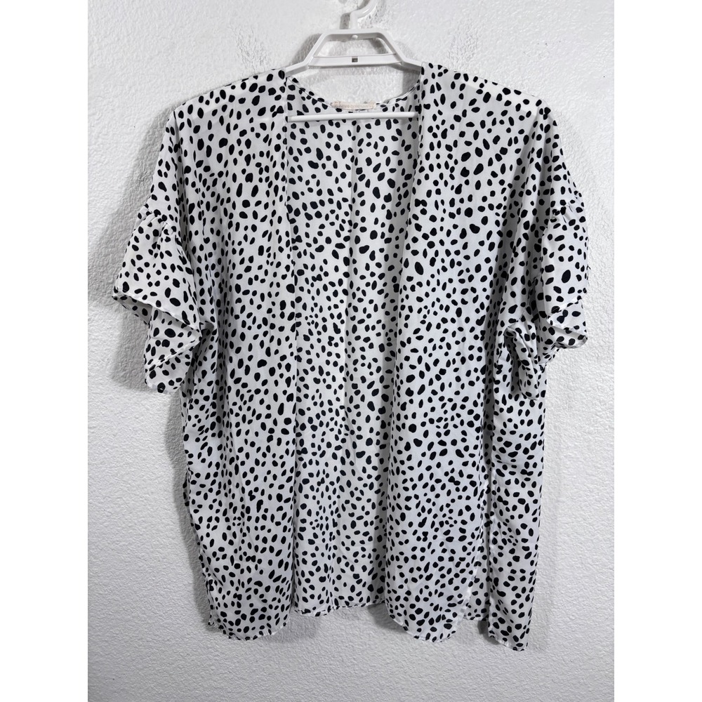 Vine & Love Kimono Cardigan Womens XL White Black Dalmatian Print Ruffle Sleeve